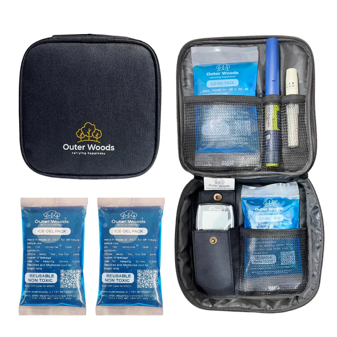 Outer Woods Insulated Insulin Cooler Bag | 6+ Hours Cooling | With Glucometer Pocket | 2 x 100ml Ice Gel Packs Included