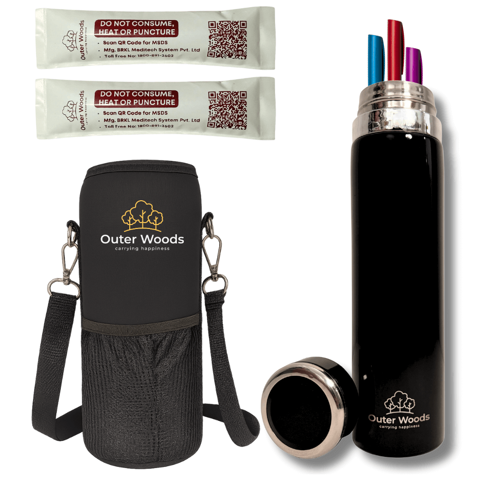 Outer Woods Insulated Insulin Bottle Cooler Travel Case with ice gel packs and stainless steel insulated bottle.