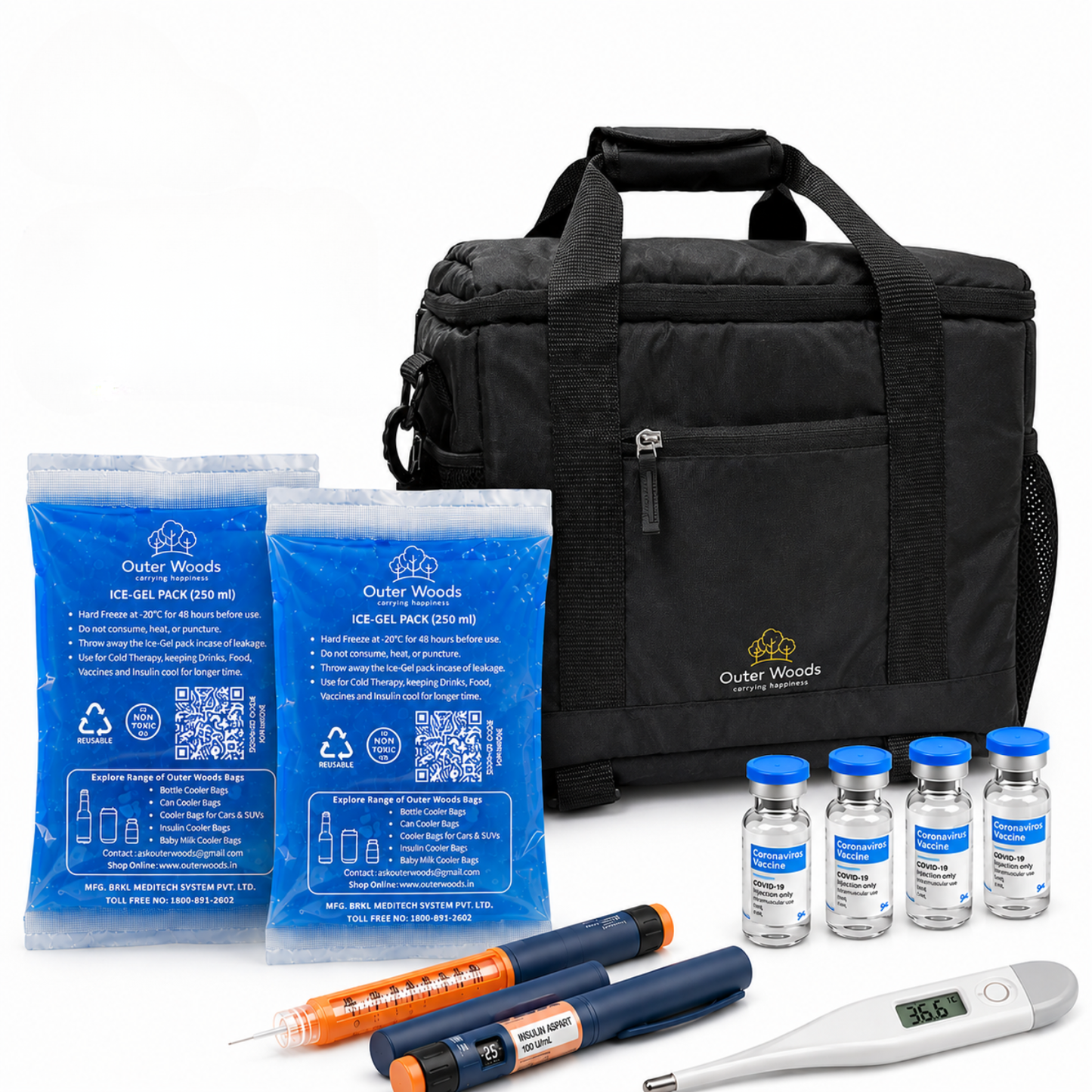 Outer Woods Insulated Vaccine Carrier Bag | 12+ Hours Cooling | 18L Vaccine Cooler Bag | 6 x 250ml Ice Gel Packs Included