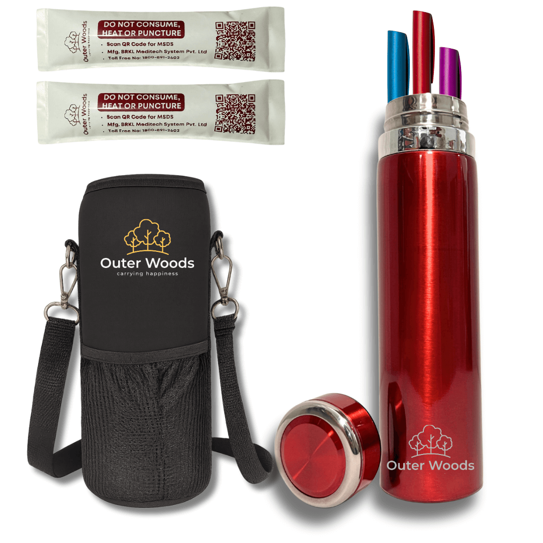Outer Woods Red Insulin Travel Cooler Case – Stainless Steel Bottle with 10 Gel Packs