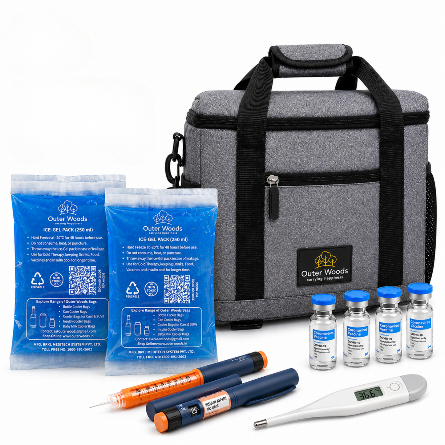 Outer Woods Insulated Vaccine Carrier Bag | 12+ Hours Cooling | 18L Vaccine Cooler Bag | 6 x 250ml Ice Gel Packs Included