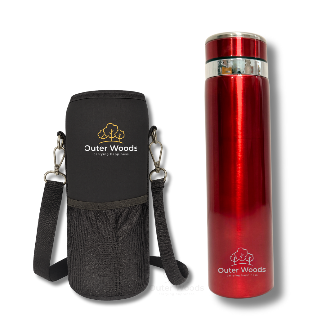 Disassembled parts of Outer Woods Premium Insulated Thermos Flask including lid and body