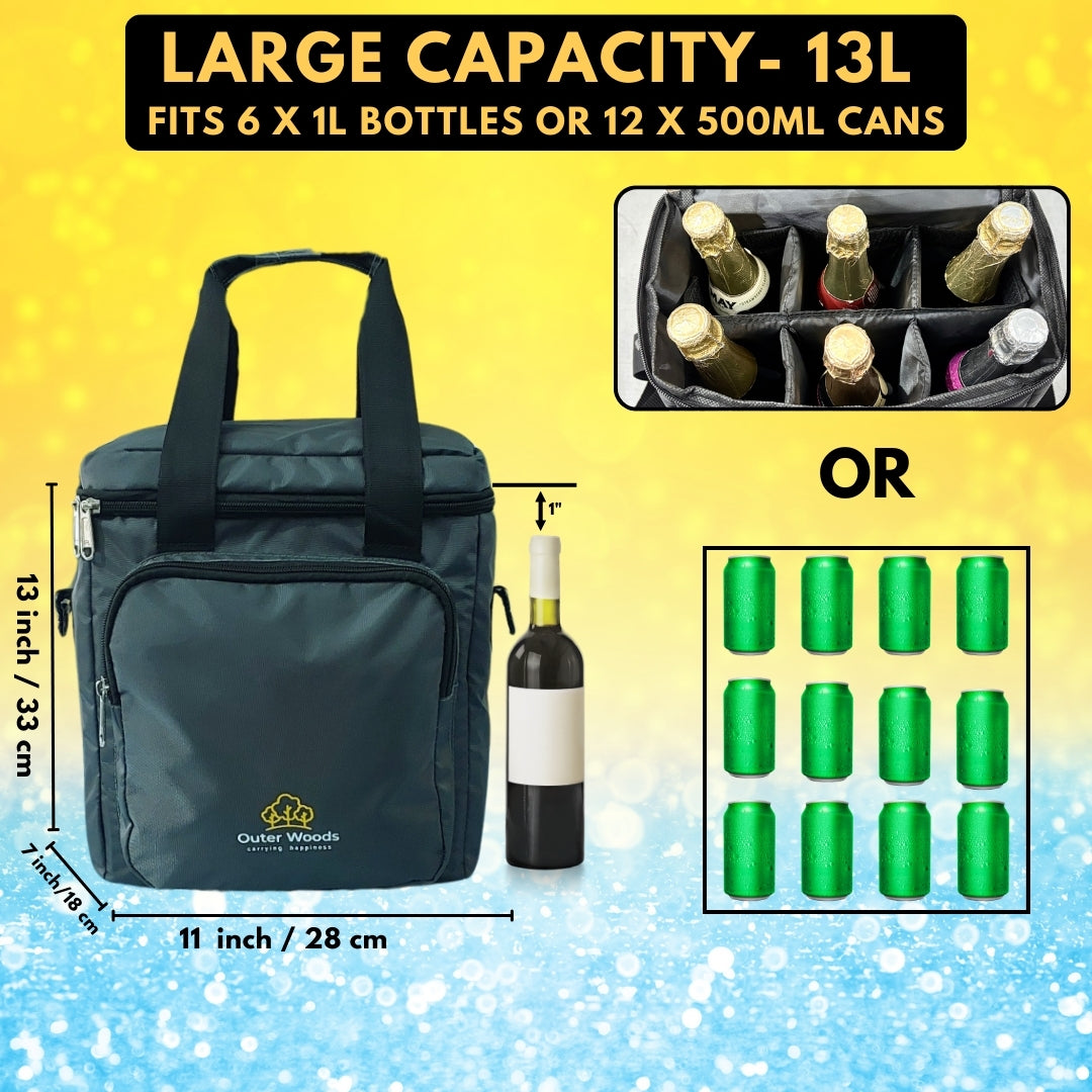Outer Woods Insulated 6 Bottle Cooler Bag, Beverage Cooler Bag, Insulated Bag, Bottle Bag, Beer Cooler Bag, Wine Carier, Hot Cold bag