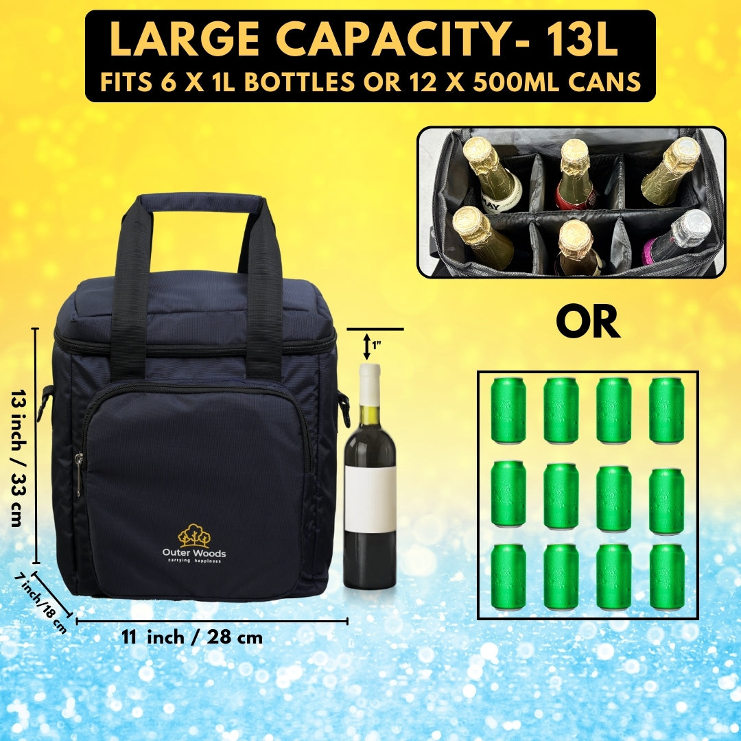 Outer Woods Insulated 6 Bottle Cooler Bag, Beverage Cooler Bag, Insulated Bag, Bottle Bag, Beer Cooler Bag, Wine Carier, Hot Cold bag