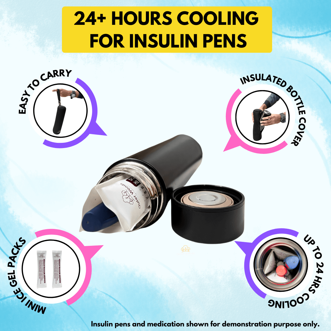 Outer Woods insulated insulin bottle cooler travel case (closed and open view) showing neoprene case, stainless steel bottle, and mini ice gel packs