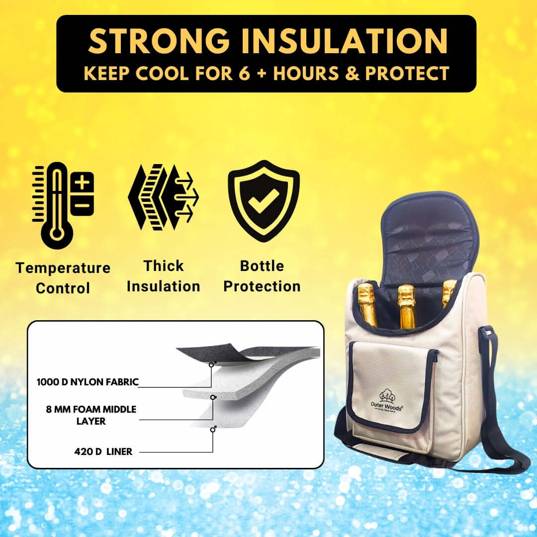 Durable insulated cooler bag for carrying three bottles