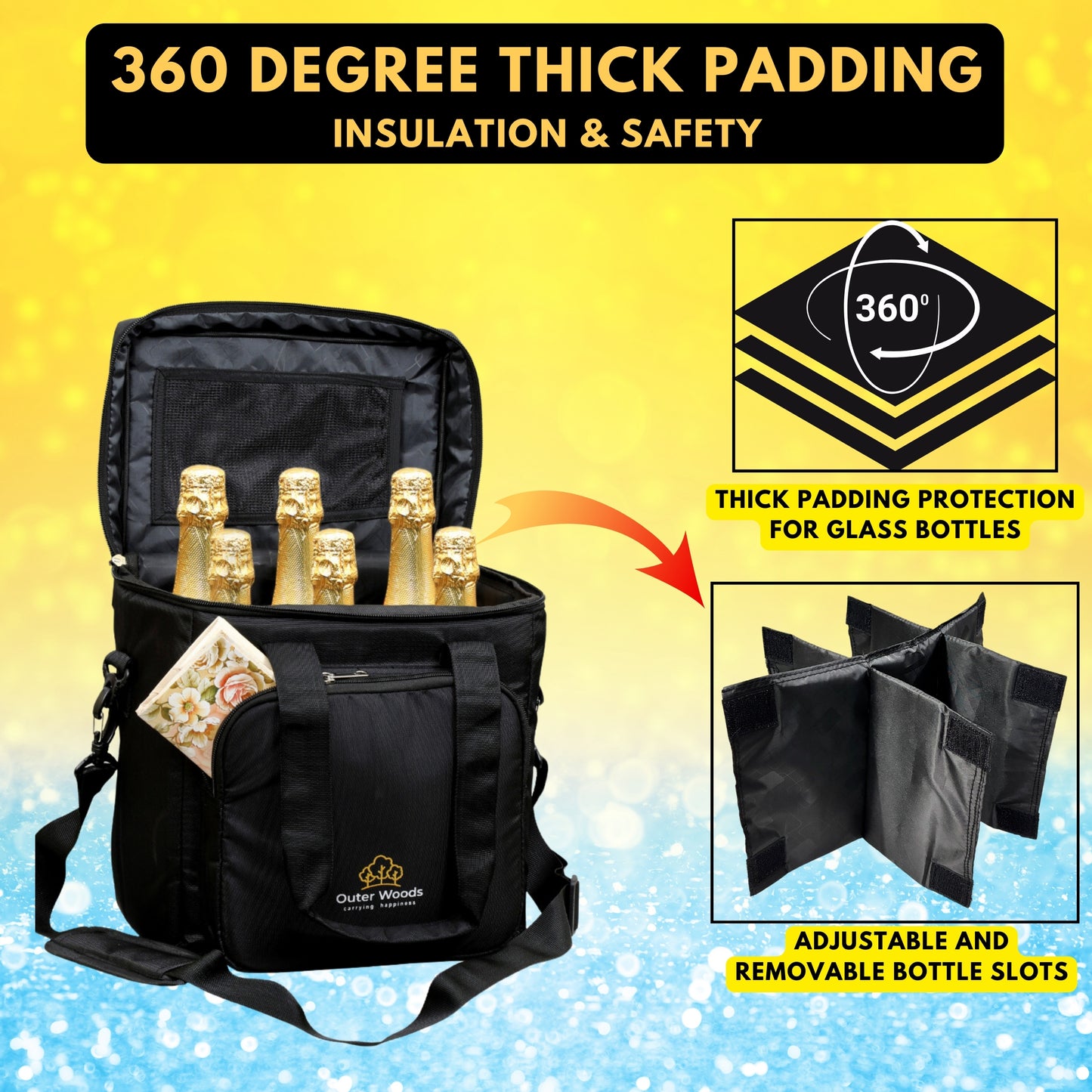 Outer Woods Insulated 6 Bottle Cooler Bag, Beverage Cooler Bag, Insulated Bag, Bottle Bag, Beer Cooler Bag, Wine Carier, Hot Cold bag
