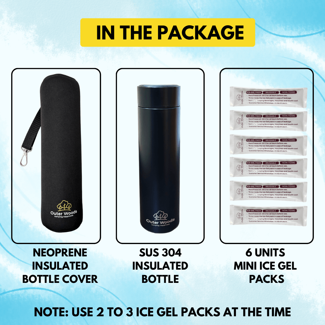 Outer Woods premium insulated bottle case exterior with icons indicating insulation, strap, durable material, and temperature retention.