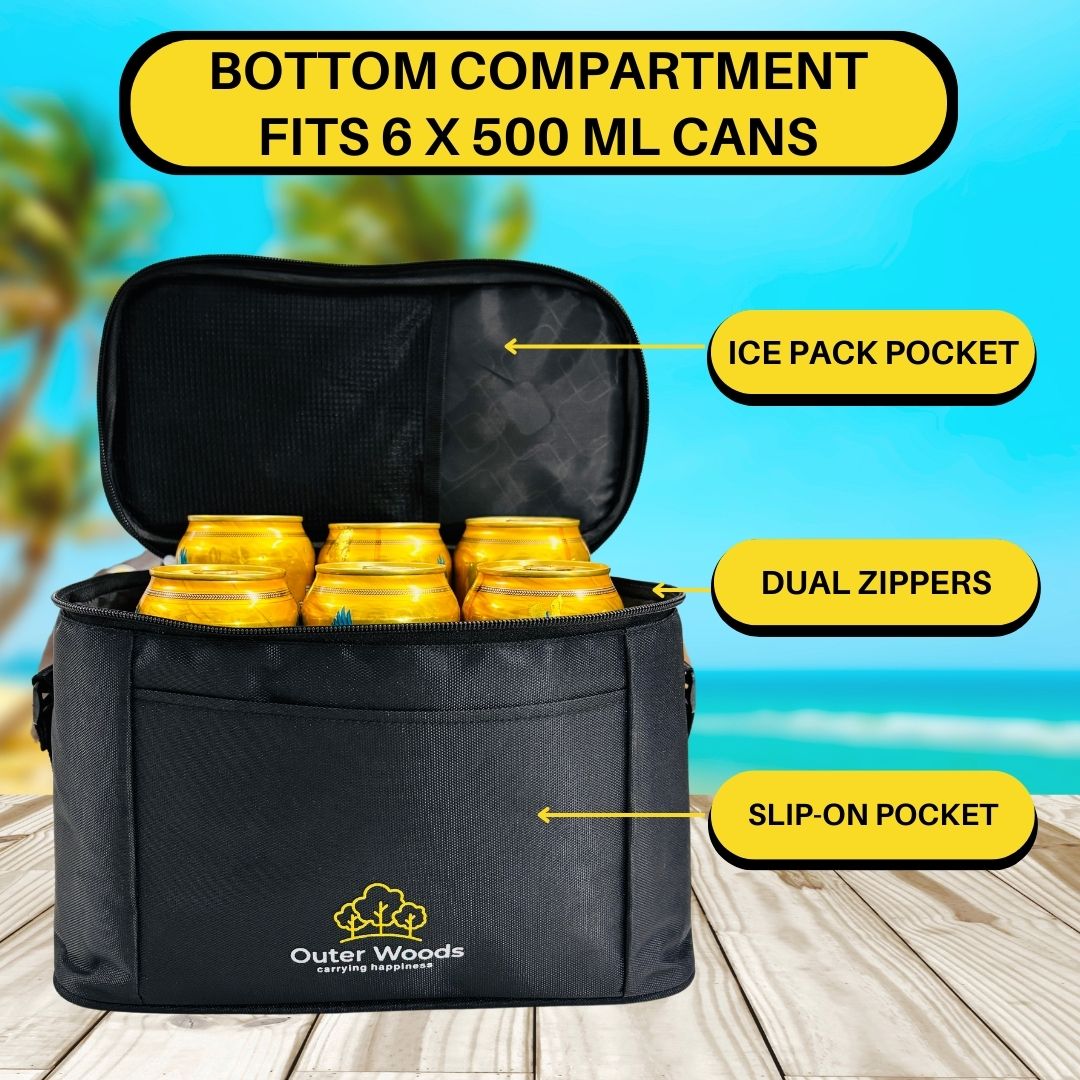 Outer Woods Insulated 6 Can Cooler Bag with Dual Insulated Compartments | Beer Cooler | Insulated Bag | Soft Cooler | Hot Cold Bag | Lunch Bag