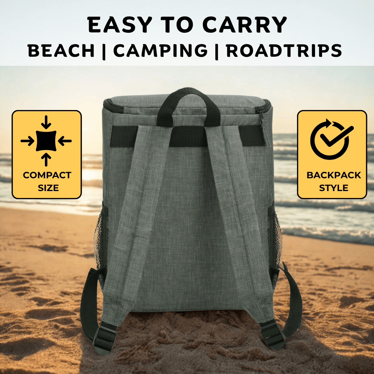 Outer Woods 10 can cooler backpack, perfect for beach, camping, and road trips, featuring a compact and easy-to-carry design.