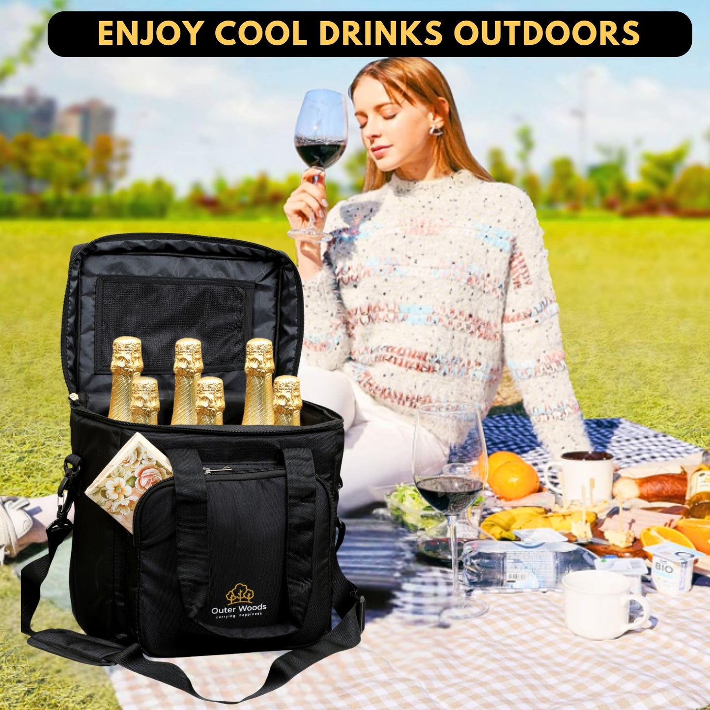 Outer Woods Insulated 6 Bottle Cooler Bag, Beverage Cooler Bag, Insulated Bag, Bottle Bag, Beer Cooler Bag, Wine Carier, Hot Cold bag