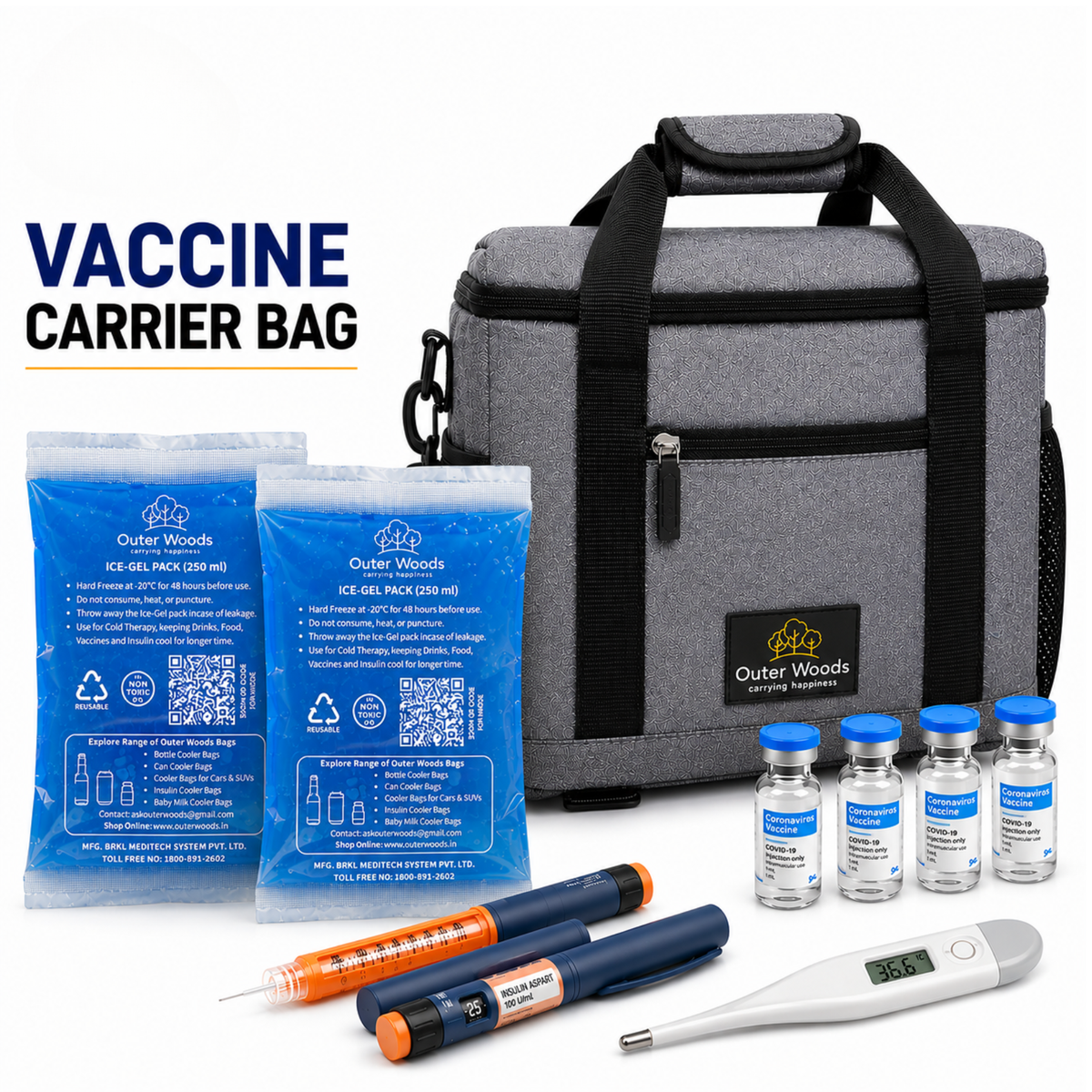 Outer Woods Insulated Vaccine Carrier Bag | 12+ Hours Cooling | 18L Vaccine Cooler Bag | 6 x 250ml Ice Gel Packs Included