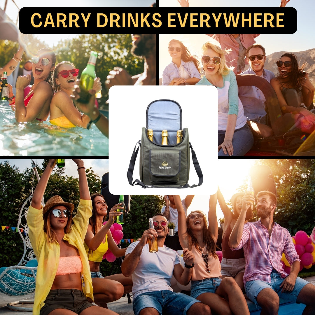 Outer Woods Insulated 3 Bottle Cooler Bag | Beer Cooler Bag | Wine Carrier | Insulated Bag | Soft Cooler | Hot Cold Bag | Can Cooler