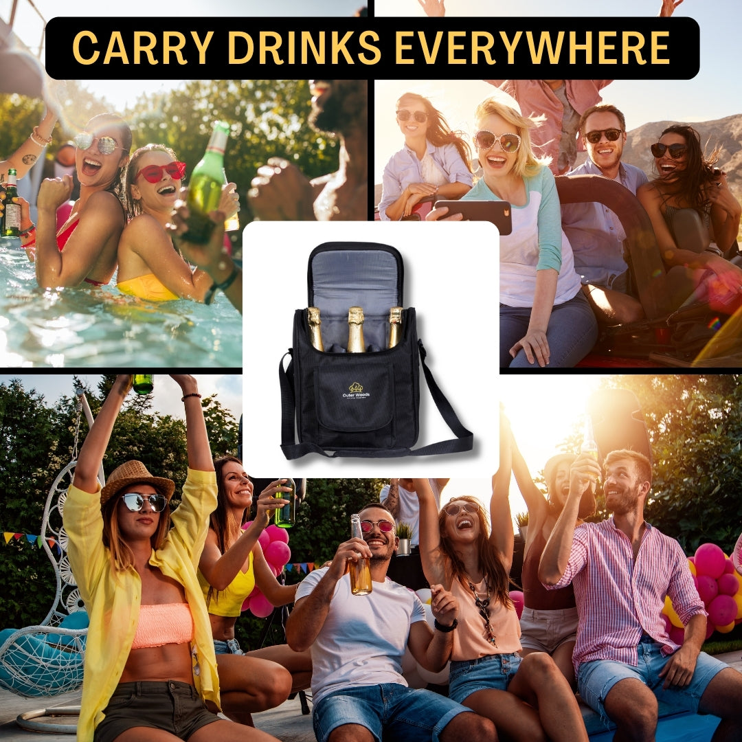 Outer Woods Insulated 3 Bottle Cooler Bag | Beer Cooler Bag | Wine Carrier | Insulated Bag | Soft Cooler | Hot Cold Bag | Can Cooler
