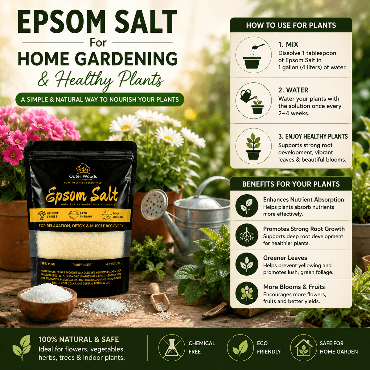 Outer Woods Epsom Salt for muscle recovery, detox, and relaxation, supports wellness and soothes tired body.