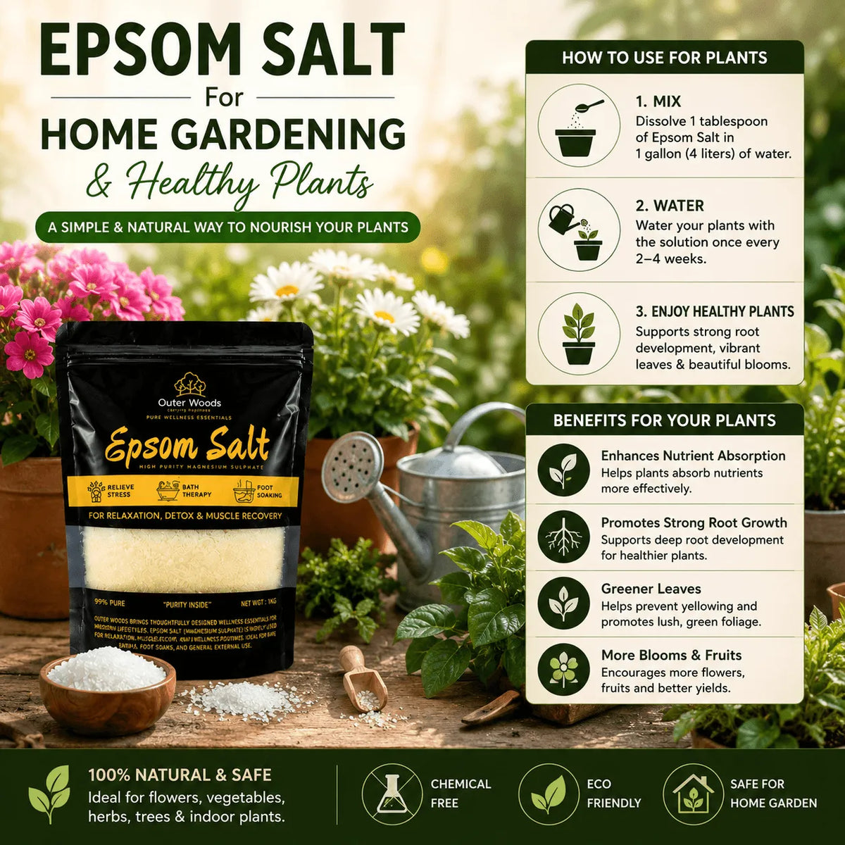Outer Woods Epsom Salt for muscle recovery, detox, and relaxation, supports wellness and soothes tired body.