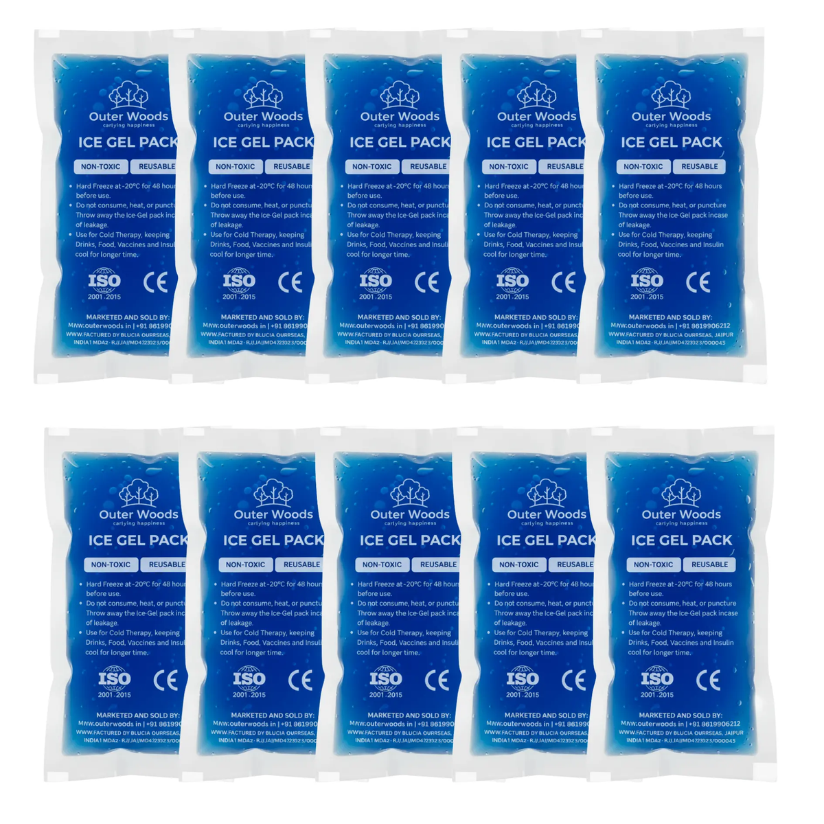 Outer Woods Ice Gel Packs 150ml | Set of 10 | Non-Toxic Leak-Proof Cold Gel Pads for Picnic, Travel, Vaccine, Insulin, Food & Drinks