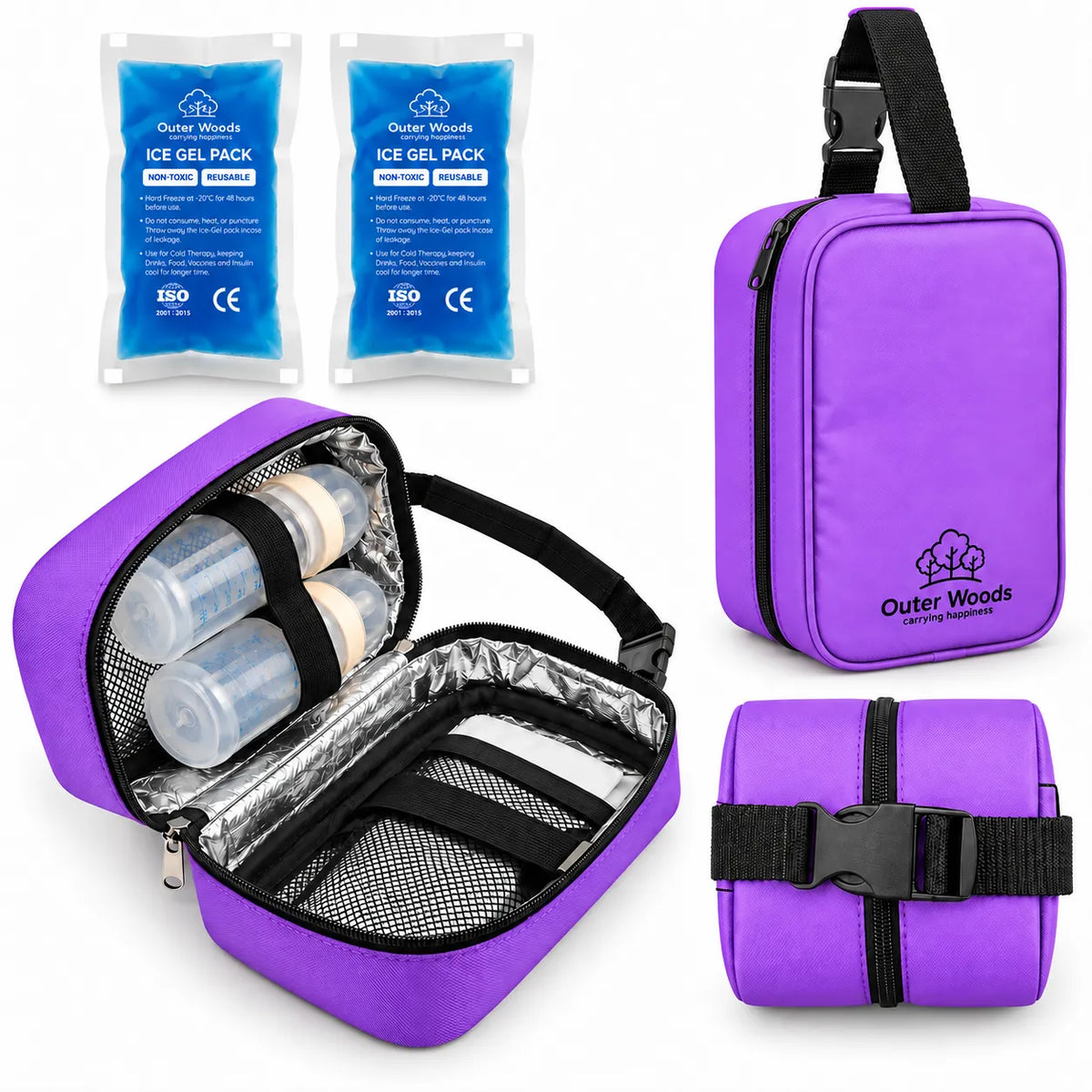 Outer Woods Insulated Breast Milk Cooler Bag On-the-Go | 6+ Hours Cooling | Fits 2 x 260ml Baby Bottles | 2 x 150ml Ice Gel Packs Included