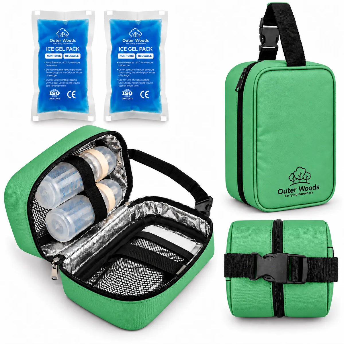 Outer Woods Insulated Breast Milk Cooler Bag On-the-Go | 6+ Hours Cooling | Fits 2 x 260ml Baby Bottles | 2 x 150ml Ice Gel Packs Included