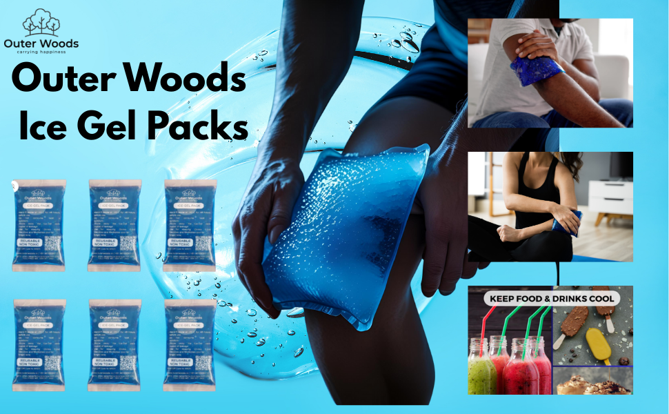 Outer Woods Ice Gel Pack shown in use for cooling relief and food preservation.