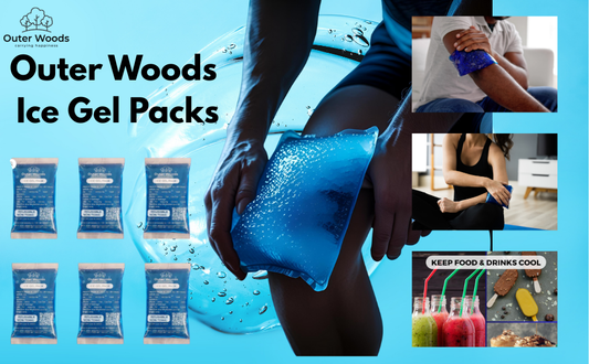 Outer Woods Ice Gel Pack shown in use for cooling relief and food preservation.