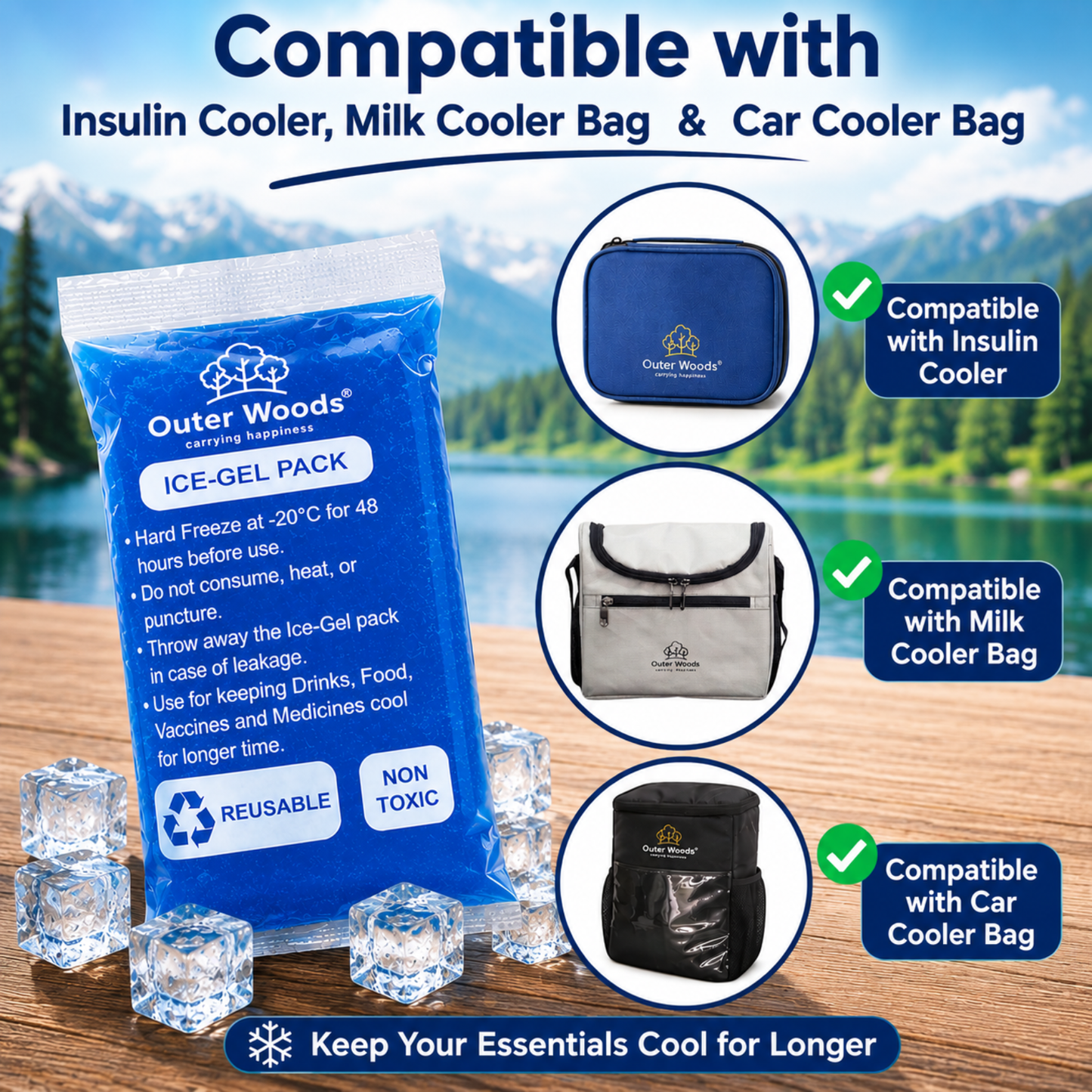 Outer Woods Ice Gel Packs 150ml Set | Non-Toxic Leak-Proof Cold Gel Pads for Picnic, Travel, Vaccine, Insulin, Food & Drinks