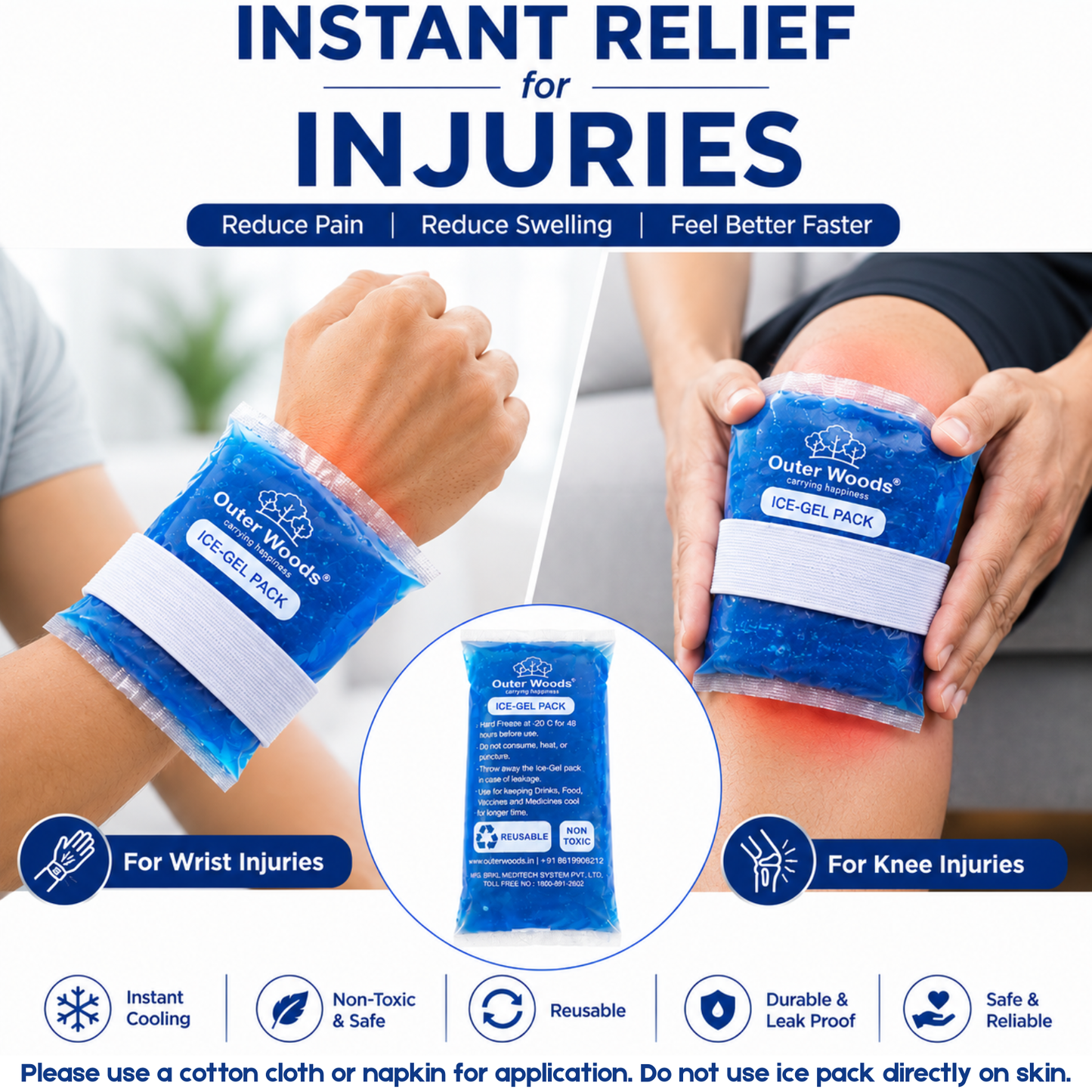 Outer Woods Ice Gel Packs 150ml Set | Non-Toxic Leak-Proof Cold Gel Pads for Picnic, Travel, Vaccine, Insulin, Food & Drinks