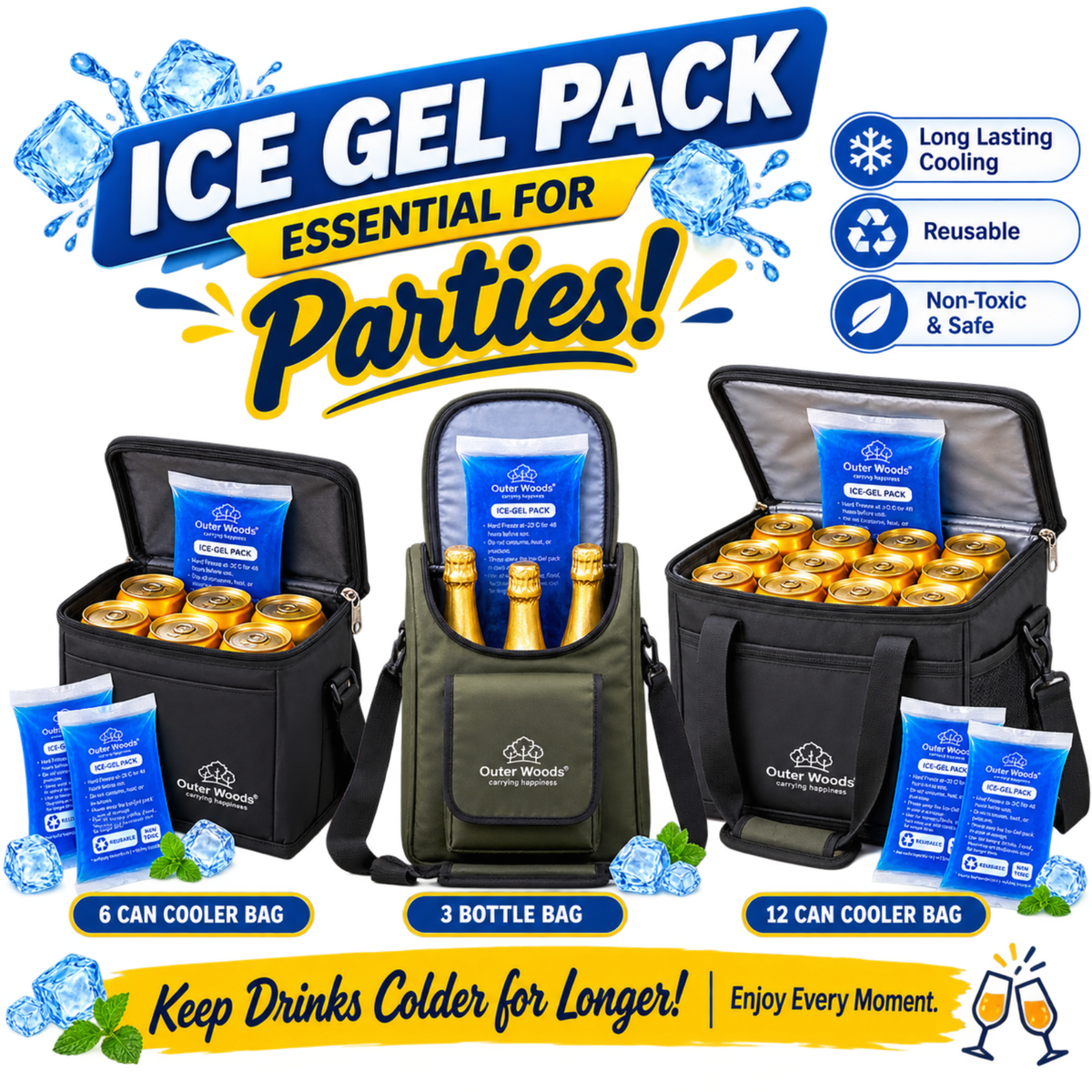 Outer Woods Ice Gel Packs 150ml Set | Non-Toxic Leak-Proof Cold Gel Pads for Picnic, Travel, Vaccine, Insulin, Food & Drinks