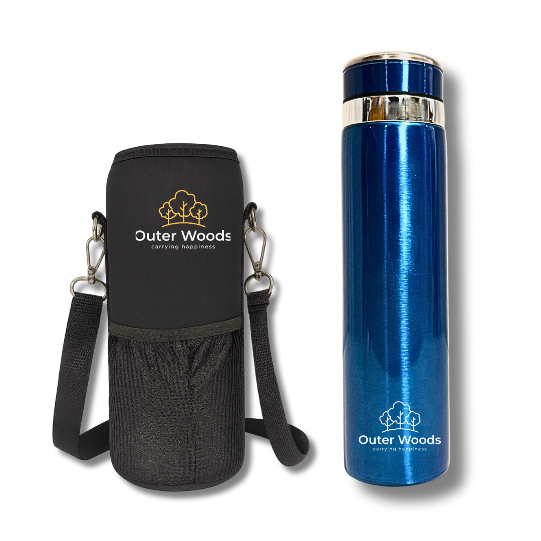 Outer Woods Premium Insulated Thermos Flask with brand logo on flask and case