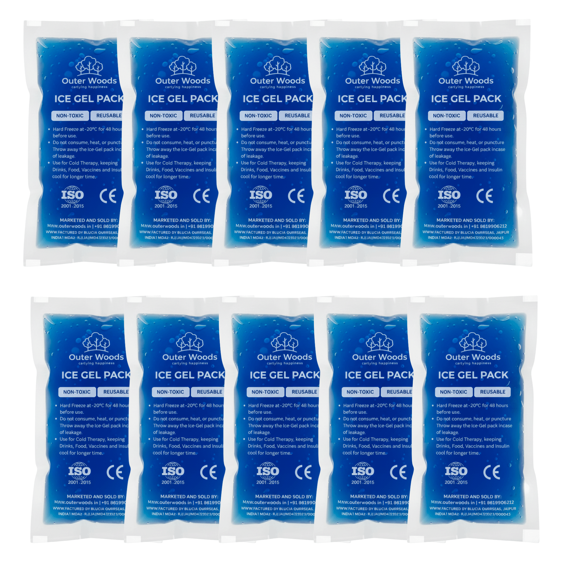 Outer Woods Ice Gel Packs 150ml | Set of 10 | Non-Toxic Leak-Proof Cold Gel Pads for Picnic, Travel, Vaccine, Insulin, Food & Drinks