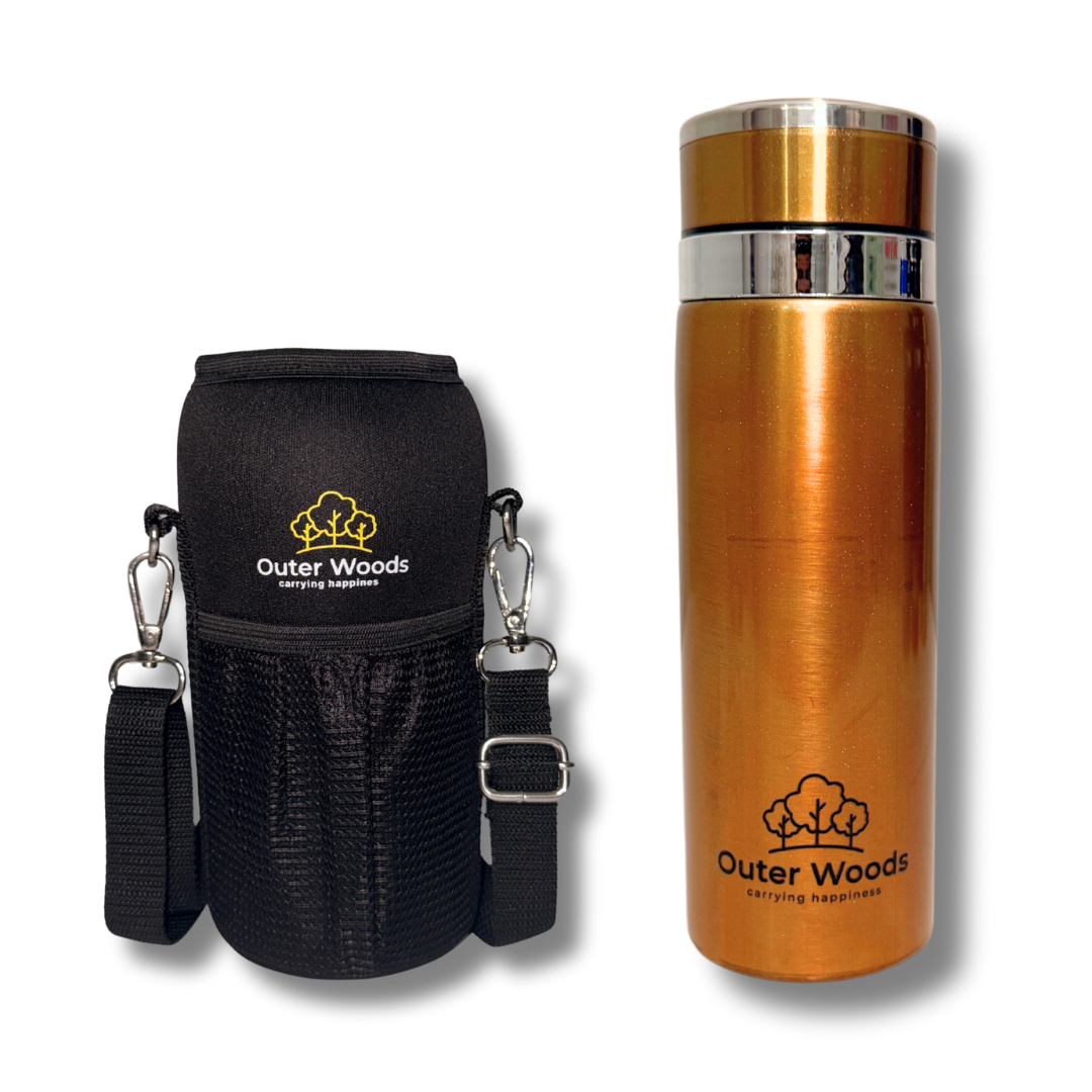 Outer Woods Premium Insulated Thermos Flask packed in a bag for portability