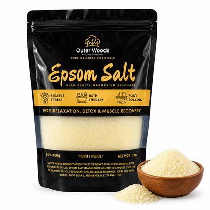 Outer Woods Epsom Salt 1kg (99% Pure Magnesium Sulphate) for Bath Soak, Foot Soak, Muscle Recovery, Relaxation, Stress Relief & Home Gardening | Premium Bath Salt for Men & Women