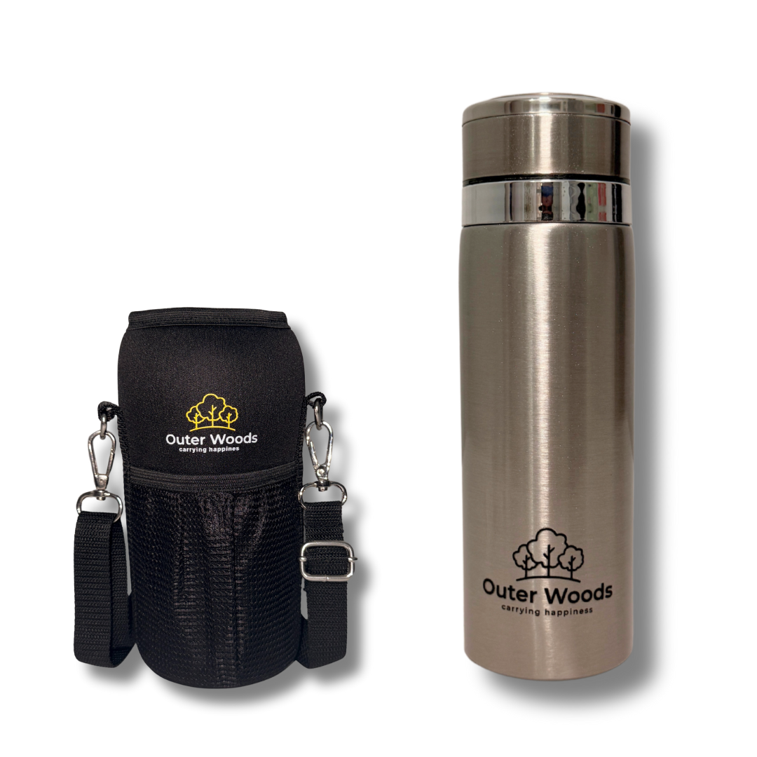 Outer Woods Premium Insulated Thermos Flask in hand for travel use