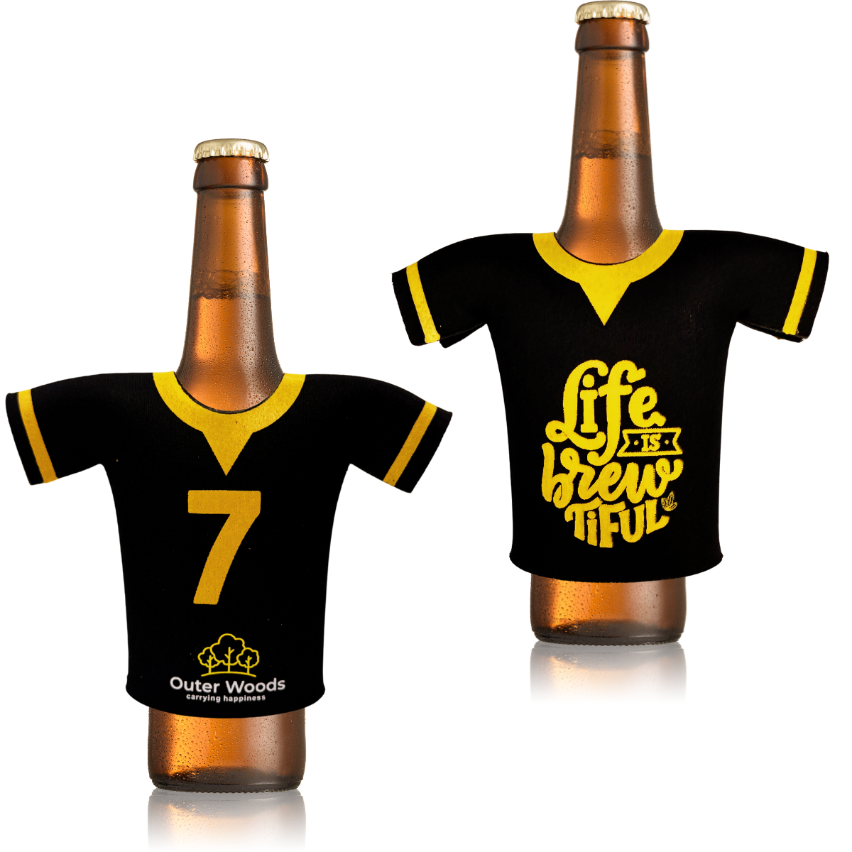Outer Woods jersey-style beer bottle coozie set showing both sleeves side by side