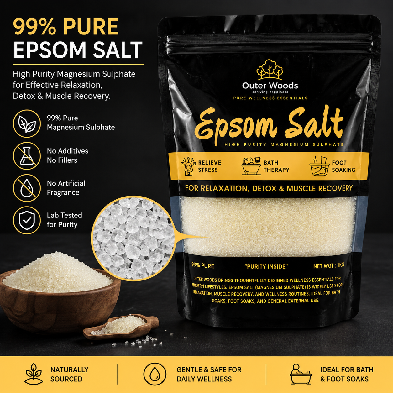 Outer Woods Epsom Salt 1kg (99% Pure Magnesium Sulphate) for Bath Soak, Foot Soak, Muscle Recovery, Relaxation, Stress Relief & Home Gardening | Premium Bath Salt for Men & Women