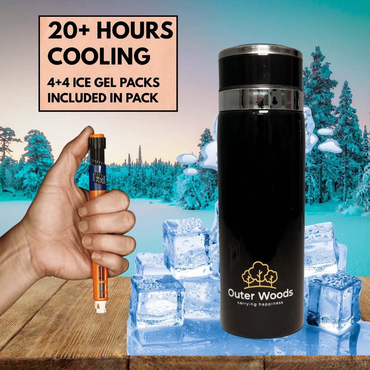 Outer Woods Insulin Cooler Bottle | 20+ Hours Cooling | Medium Size 800ml Bottle | 8 x 35ml Ice Gel Packs Included
