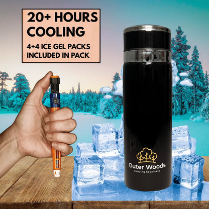 Outer Woods Insulin Cooler Bottle | 20+ Hours Cooling | Medium Size 800ml Bottle | 8 x 35ml Ice Gel Packs Included