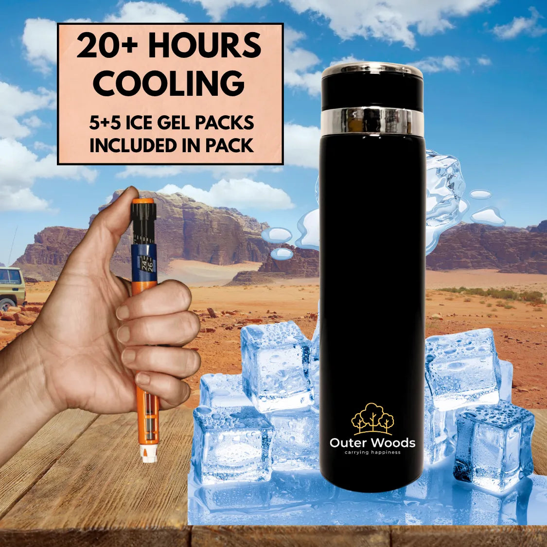 Outer Woods Insulin Coller Bottle | 20+ Hours Cooling | Large Size 1000ml Bottle | 10 x 35ml Ice Gel Packs Included