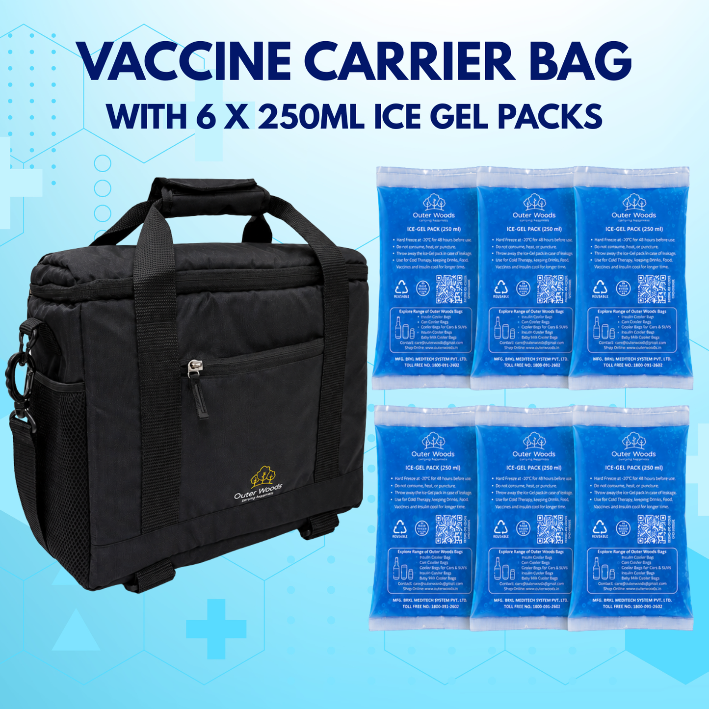Outer Woods Insulated Vaccine Carrier Bag | 12+ Hours Cooling | 18L Vaccine Cooler Bag | 6 x 250ml Ice Gel Packs Included