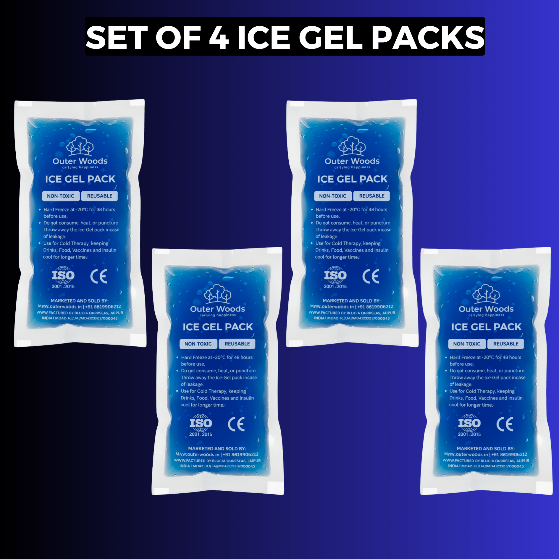 Outer Woods Ice Gel Packs 150ml | Set of 4 | Non-Toxic Leak-Proof Cold Gel Pads for Picnic, Travel, Vaccine, Insulin, Food & Drinks