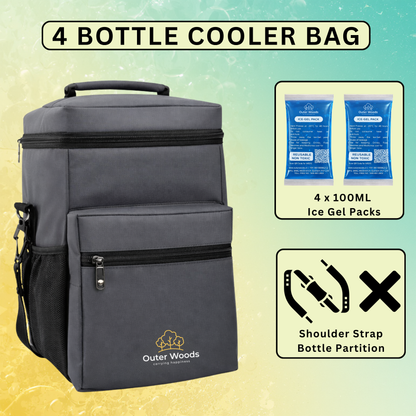 Outer Woods Insulated 4 Bottle Cooler Bag | 6+ Hours Cooling | Fits 4 x 1000ml Bottles | 4 x 100ml Ice Gel Packs Included