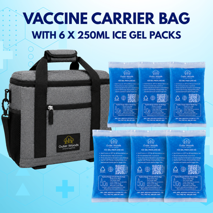 Outer Woods Insulated Vaccine Carrier Bag | 12+ Hours Cooling | 18L Vaccine Cooler Bag | 6 x 250ml Ice Gel Packs Included