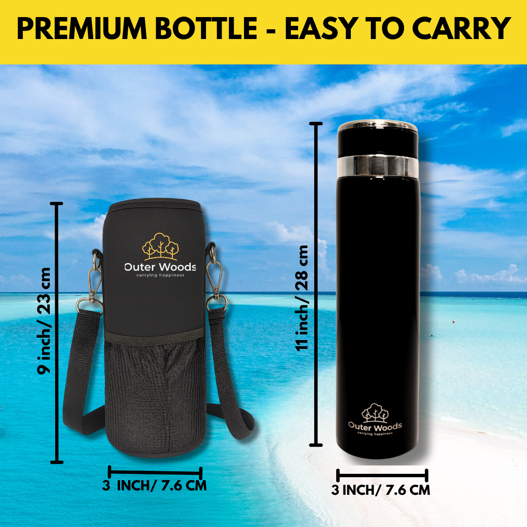 Outer Woods Premium Insulated Thermos Flask with case being held / travel usage scenario