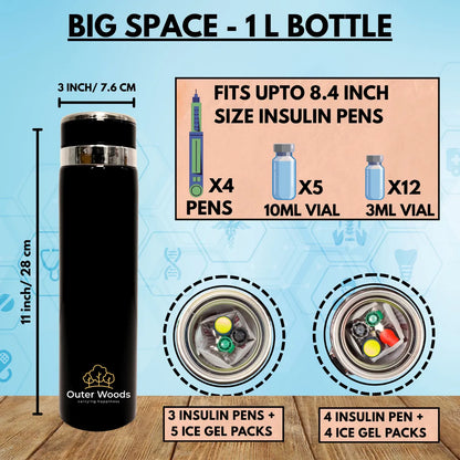 Outer Woods Insulin Coller Bottle | 20+ Hours Cooling | Large Size 1000ml Bottle | 10 x 35ml Ice Gel Packs Included