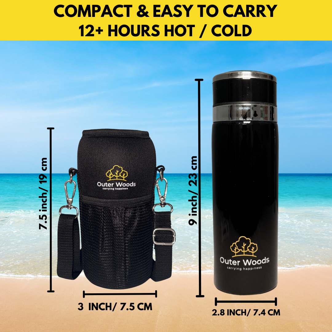 Outer Woods Premium Insulated Thermos Flask in hand for travel use