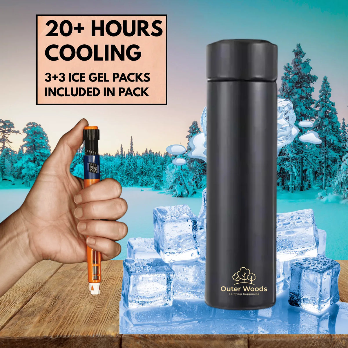 Outer Woods Insulin Cooler Bottle with Cover | 20+ Hours Cooling | Small Size 450ml Bottle | 6 x 35ml Ice Gel Packs Included