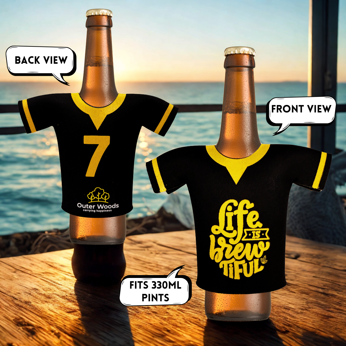 Outer Woods beer bottle coozie set on picnic table – two sleeves with bottle inserted