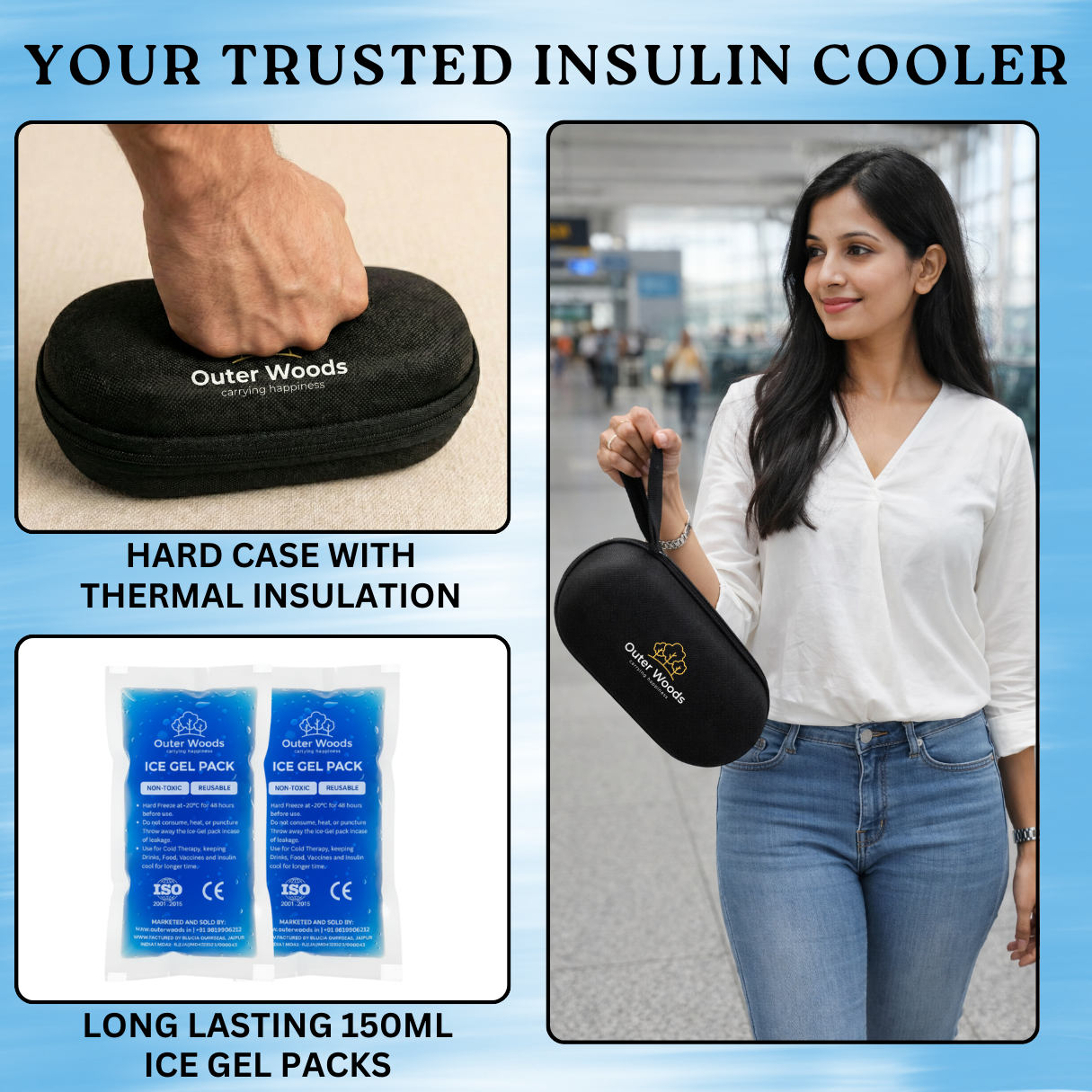 Outer Woods Insulin Cooler Bag Pro | 10+ Hours Cooling | Hard Case for Insulin Storage | 2 x 150ml Ice Gel Packs Included
