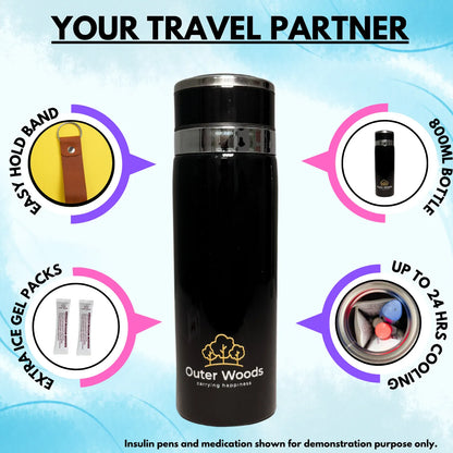 Outer Woods Insulin Cooler Bottle | 20+ Hours Cooling | Medium Size 800ml Bottle | 8 x 35ml Ice Gel Packs Included