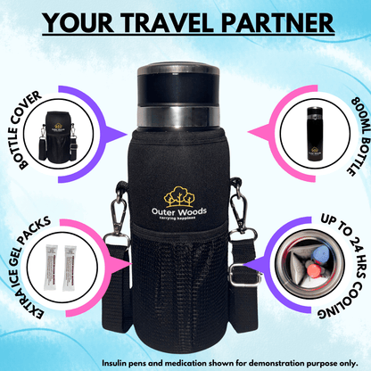 Outer Woods insulated insulin bottle cooler travel case with gel packs, 1000ml bottle, and bottle cover for medication.